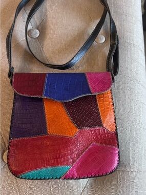 Vintage Colorblock Croc-Embossed Patchwork Crossbody Bag - Multi